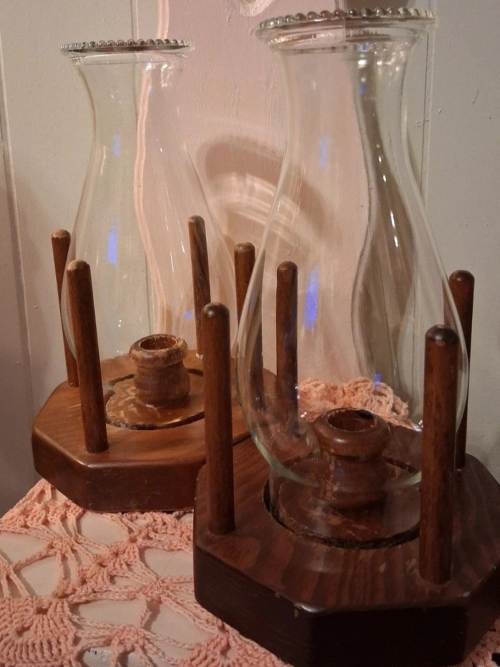 Wood and Glass Hurricane Candle Holders - Clear Glass, Brown Wood